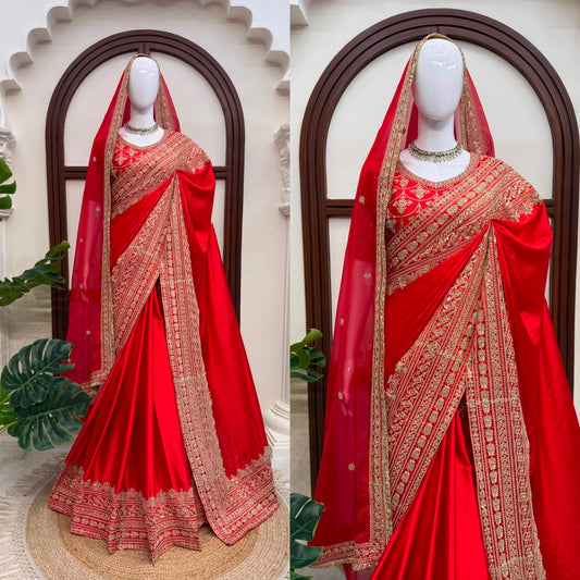 Premium Designer Satin Saree with Embroidered Blouse & Tabby Silk Dupatta