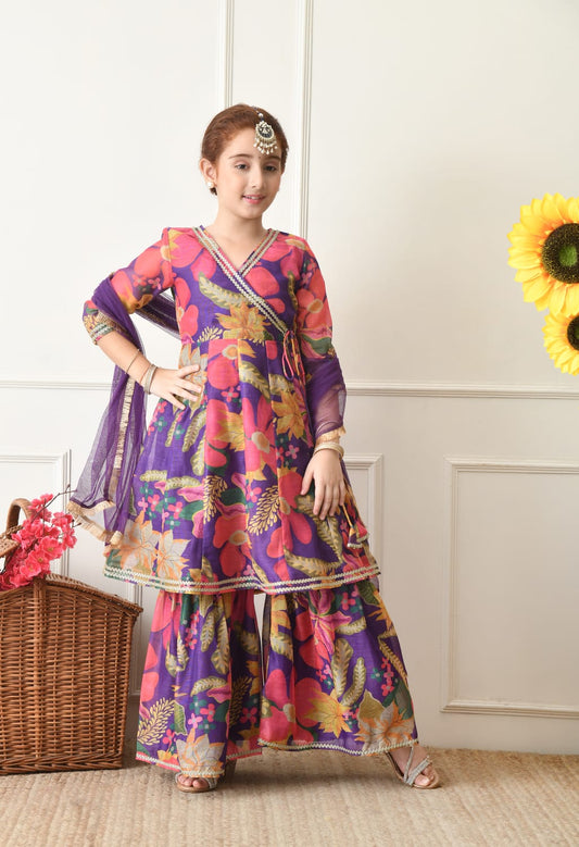 Girls Premium Floral Printed Ethnic Sharara Set with Dupatta – Purple