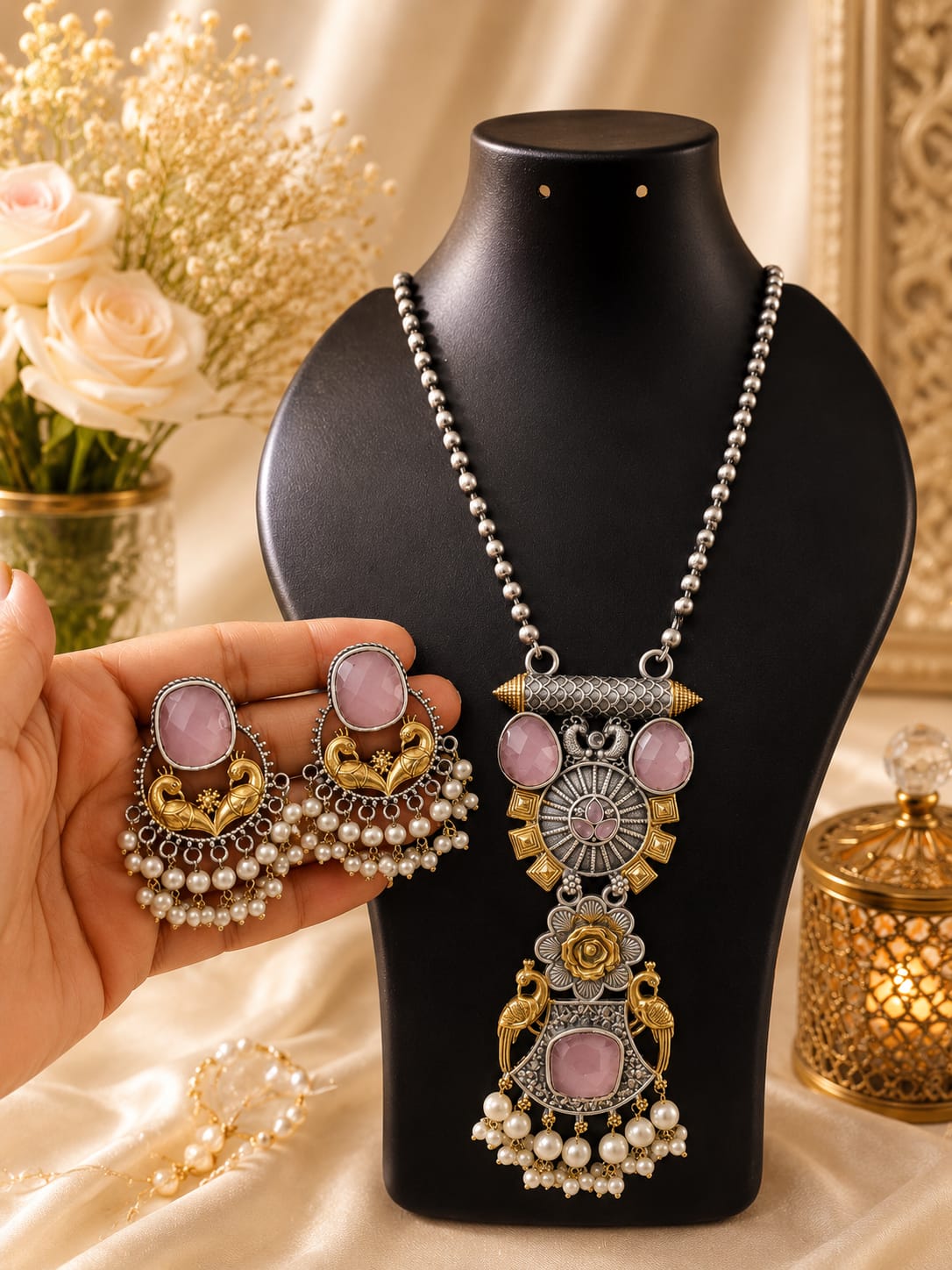 Premium Oxidized Maroon Stone Necklace Set with Pearl Earrings | Traditional Ethnic Jewelry for Women