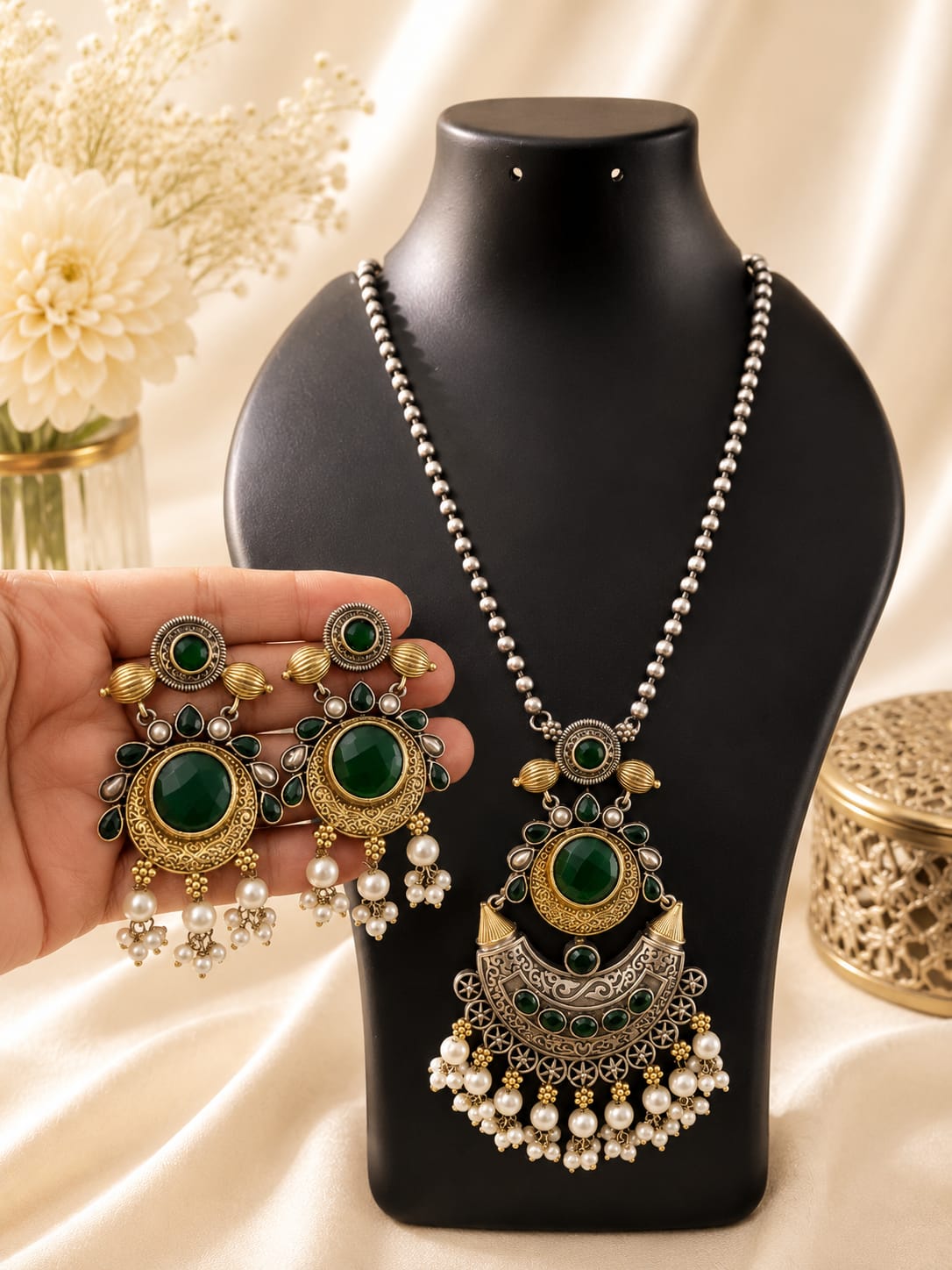 Premium Oxidized Mint Stone Necklace Set with Pearl Earrings | Traditional Ethnic Jewelry for Women