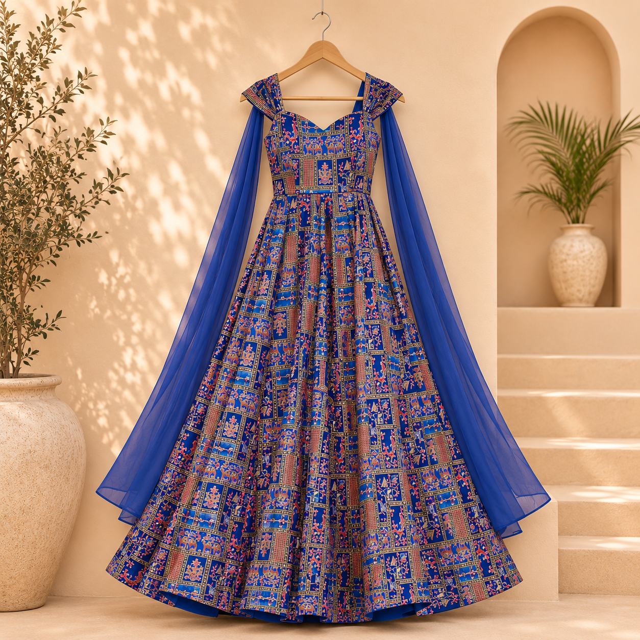 Blue Digital Printed Silk Gown with Organza Lace Dupatta