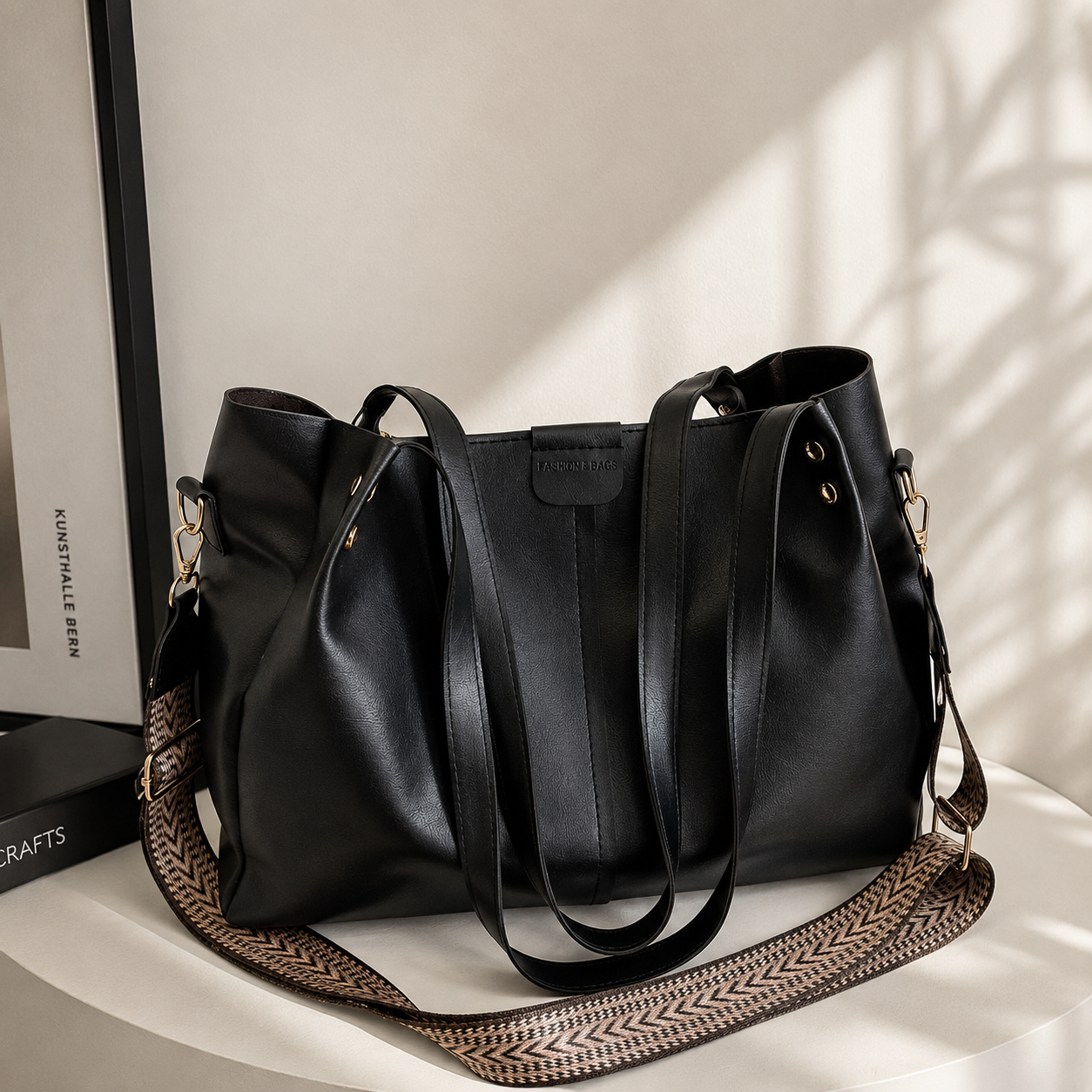 Women's Premium Black Leather Tote Bag | Large Capacity Shoulder Handbag