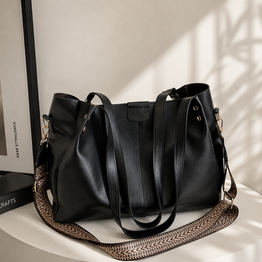 Women's Premium Black Leather Tote Bag | Large Capacity Shoulder Handbag