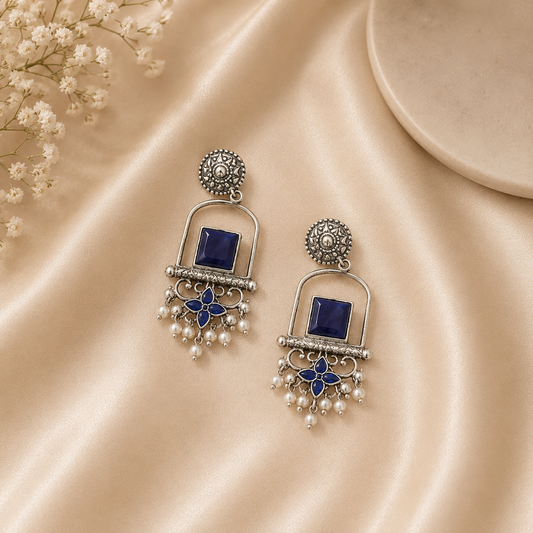 Royal Sapphire Oxidised Silver Statement Earrings
