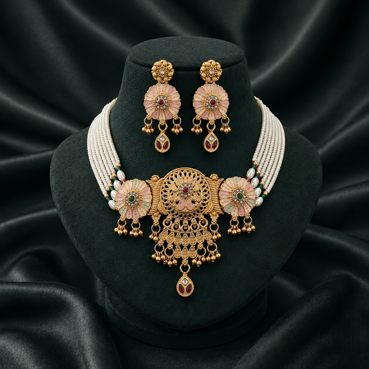 Premium Rajwadi Gold Plated Choker Necklace Set with Pearl Beads & Matching Earrings - 03