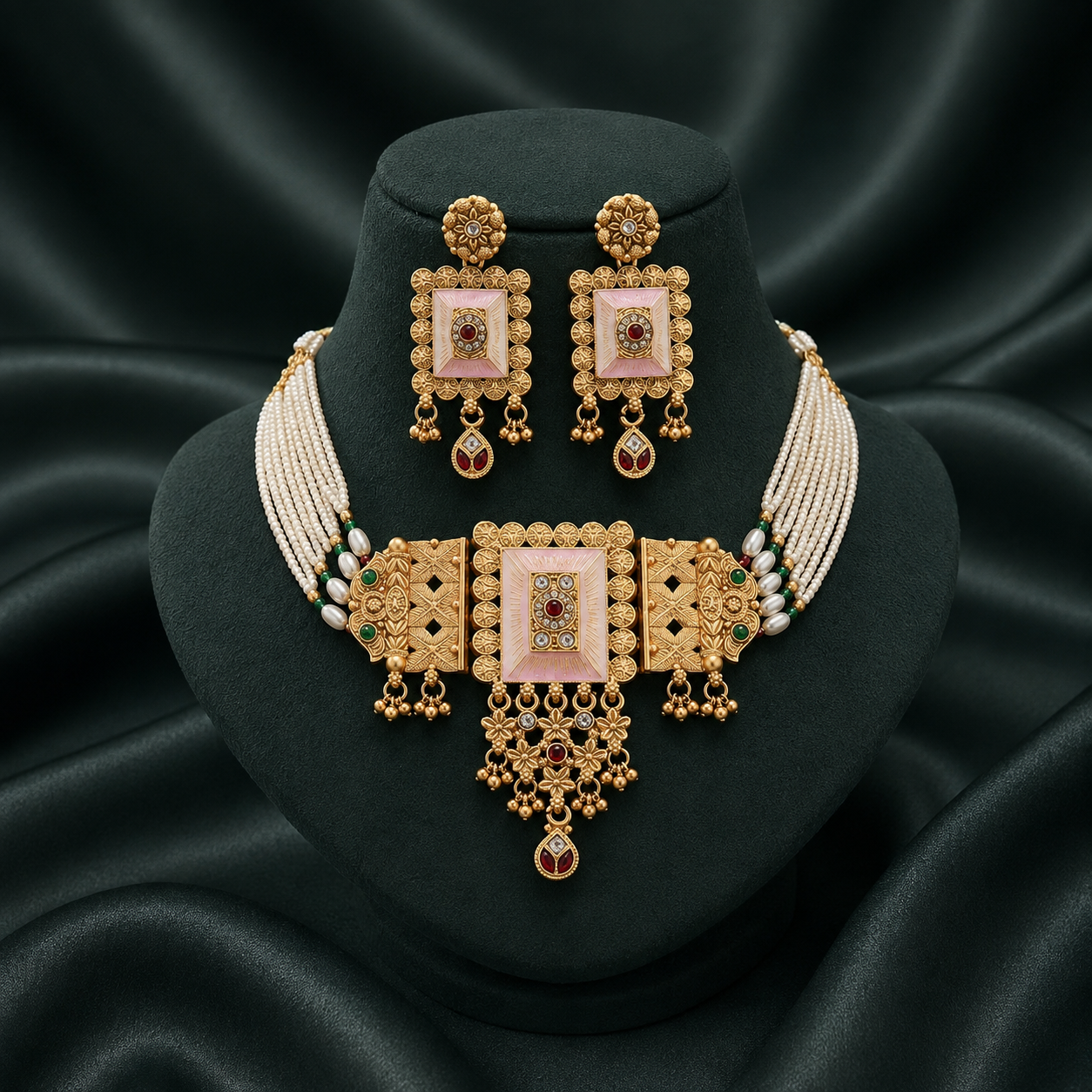 Premium Rajwadi Gold Plated Choker Necklace Set with Pearl Beads & Matching Earrings - 06