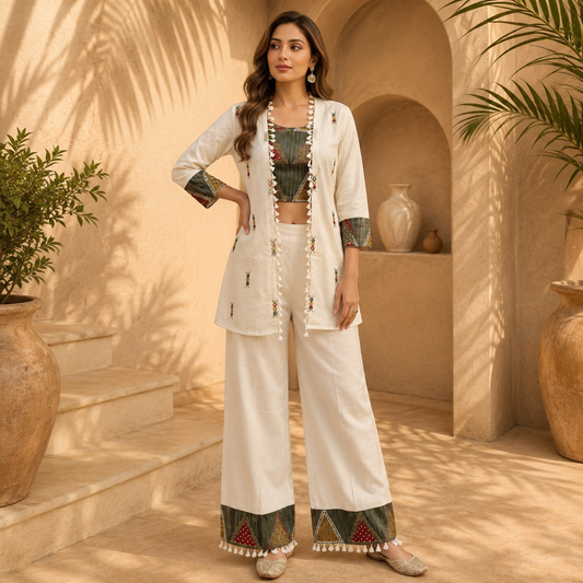 Premium Cotton Embroidered Co-Ord Set with Jacket – Ivory White