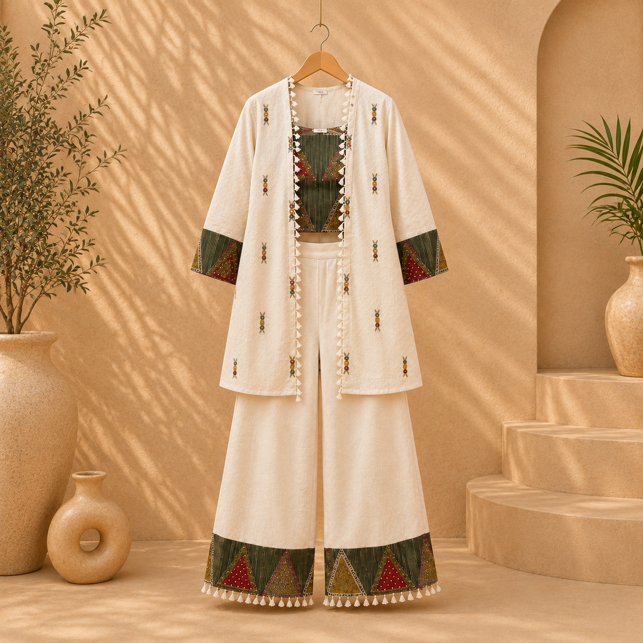 Premium Cotton Embroidered Co-Ord Set with Jacket – Ivory White