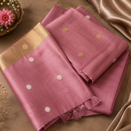 Rose Pink Tissue Silk Saree with Gold Butti & Tassel Border | Pure raw mango 3 piece suit set