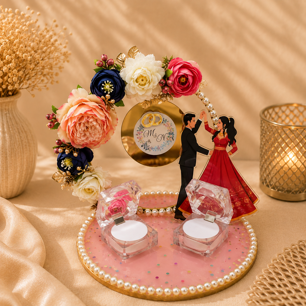 Personalized Engagement Ring Platter with Couple Name | Floral Ring Ceremony Tray