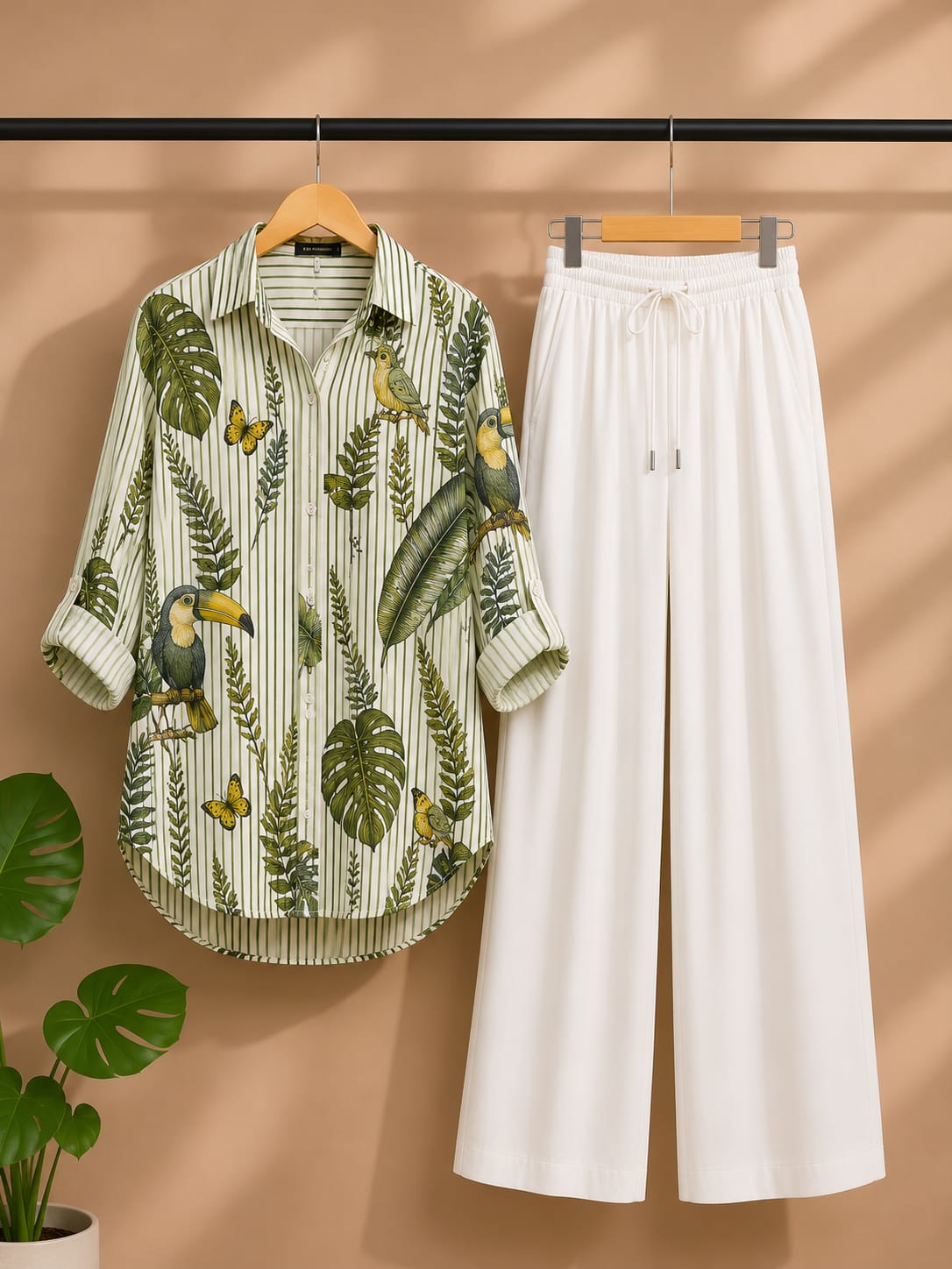 Women's Korean Style Crepe Shirt & Cotton Pant Co-Ord Set β Green Combination