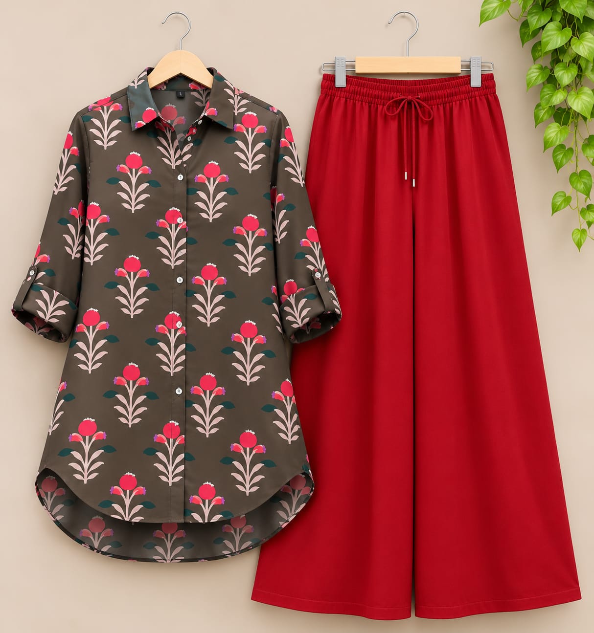 Women's Korean Style Crepe Shirt & Cotton Pant Co-Ord Set β Brown & Red Combination