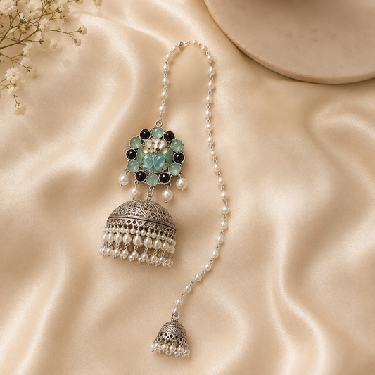 Noor Pearl Sahara Jhumka | Floral Pearl Ear Chain Statement Earrings for Women