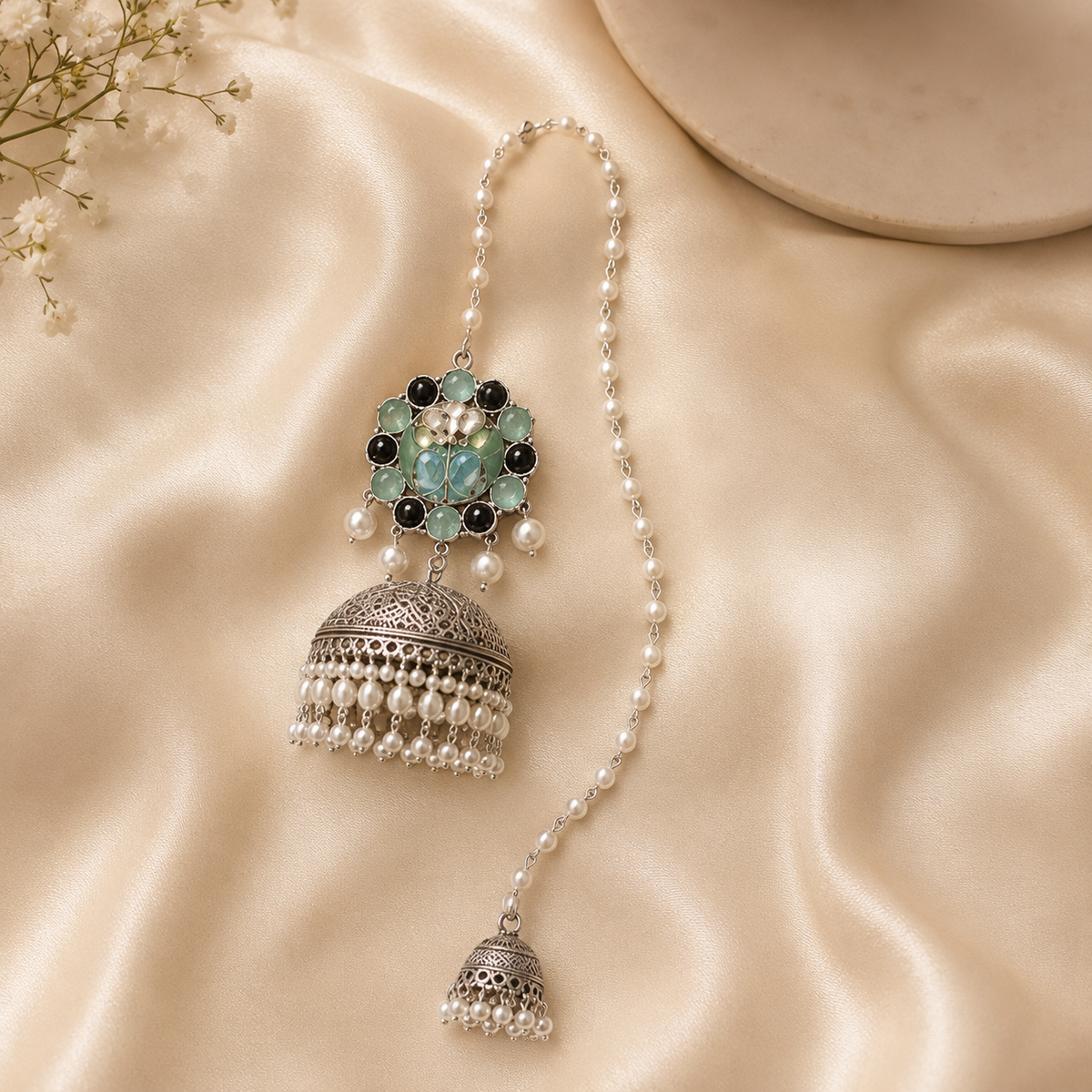 Noor Pearl Sahara Jhumka | Floral Pearl Ear Chain Statement Earrings for Women