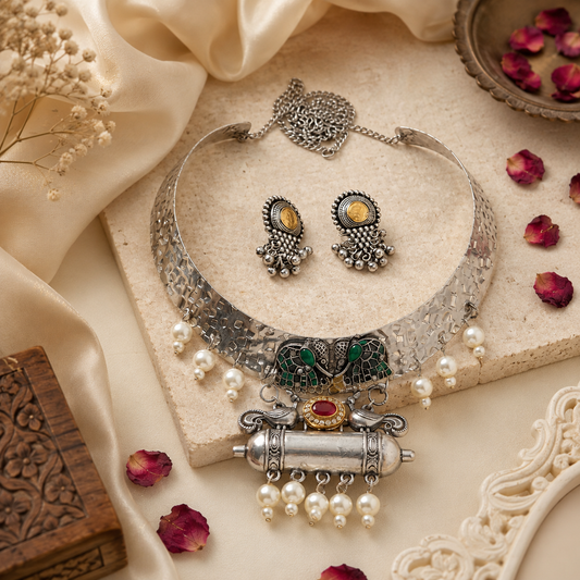 Vintage Oxidised Peacock Choker Necklace Set with Earrings