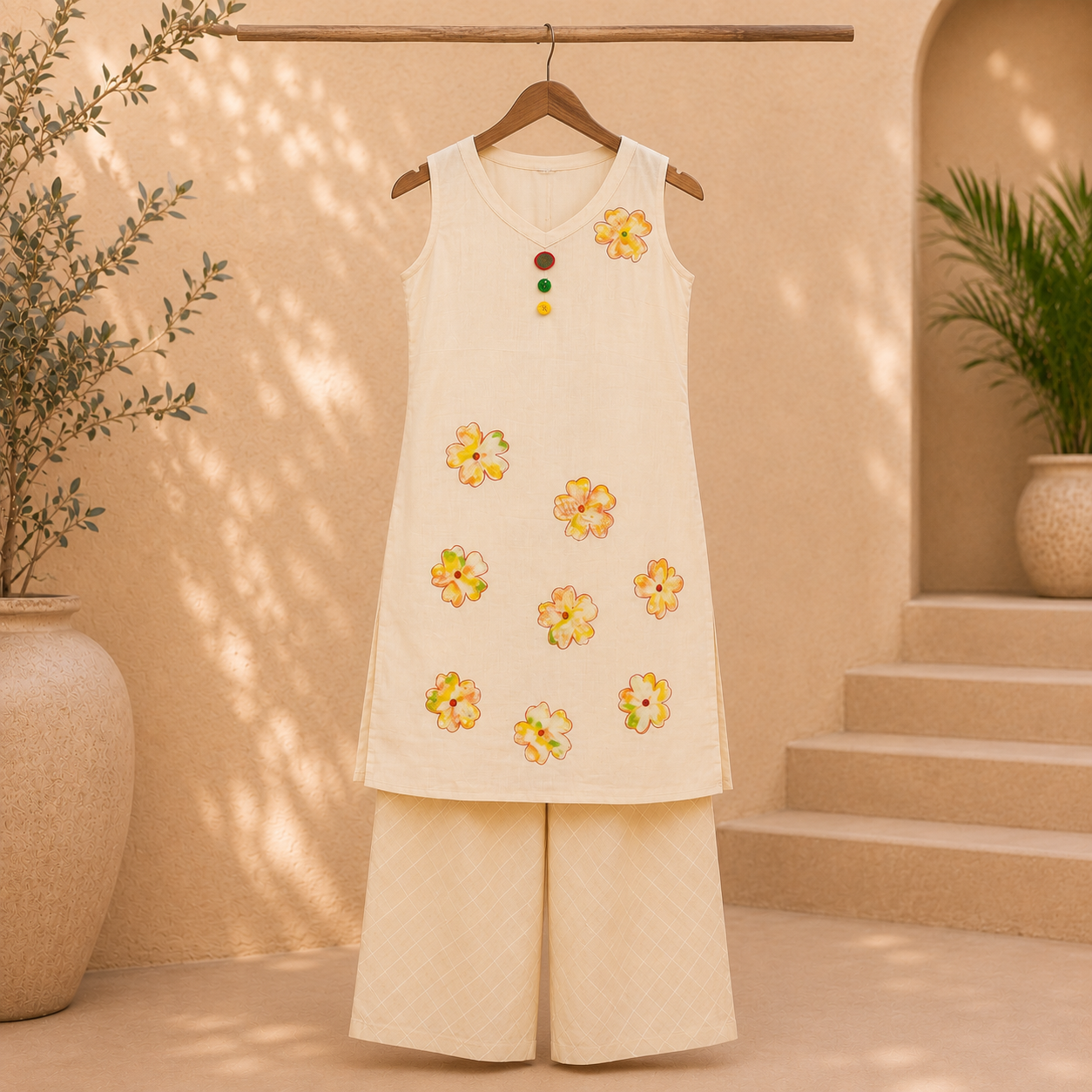 Premium Floral Embroidered Cotton Silk Straight Kurta Set