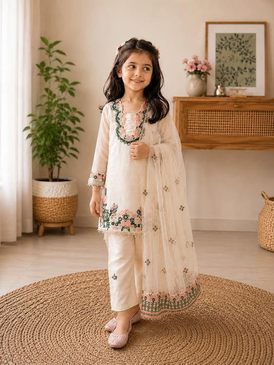 Girls Premium Fendi Silk Embroidered Kurti & Farshi Pant Set with Dupatta | Festive Ethnic Wear