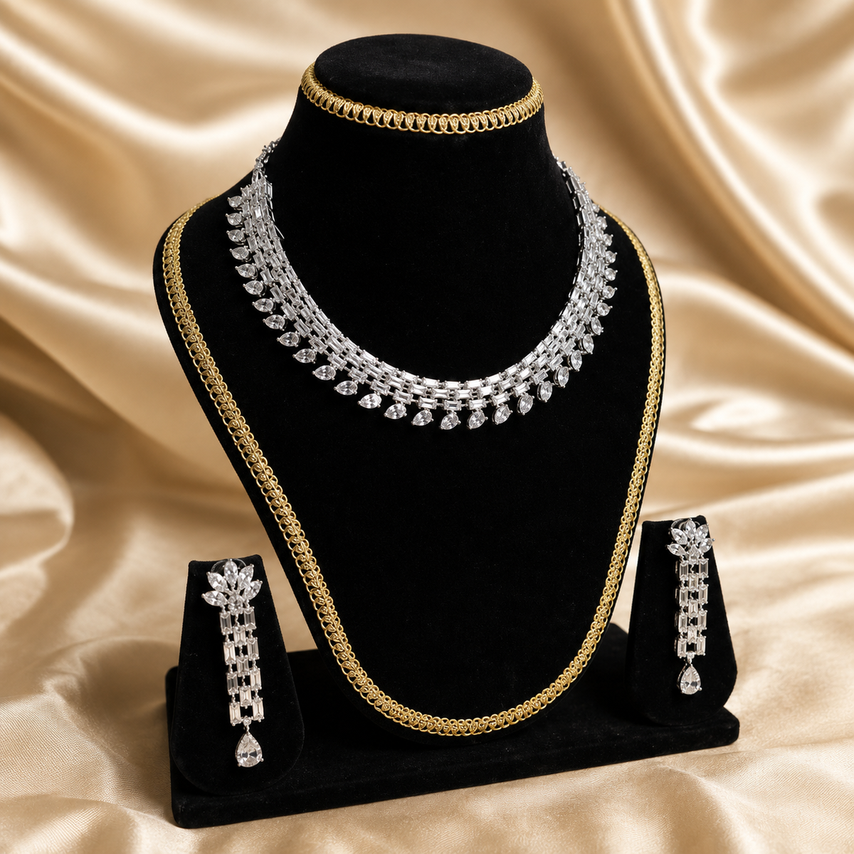Elegant Diamond-Style Necklace & Earring Set with Gold Chain