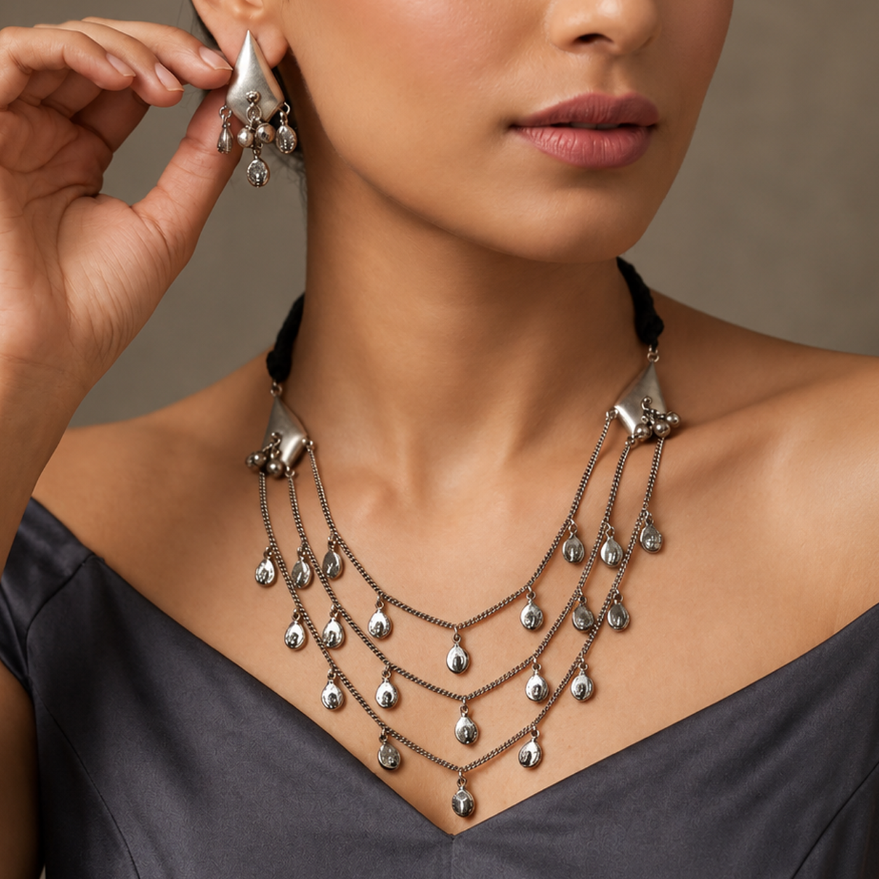 Boho Chic Oxidised Silver Statement Necklace & Earrings Set