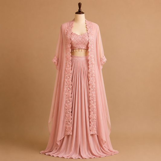 Premium Simar & Chinon Silk Indo-Western Set with Embroidered Shrug & Layered Bottom