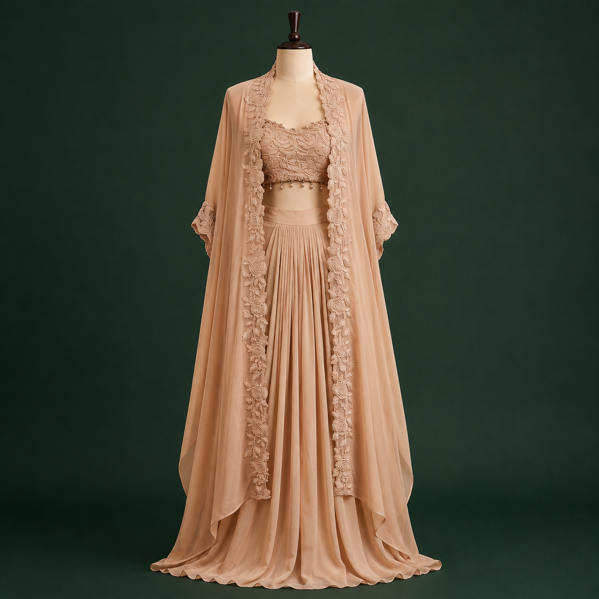 Premium Simar & Chinon Silk Indo-Western Set with Embroidered Shrug & Layered Bottom