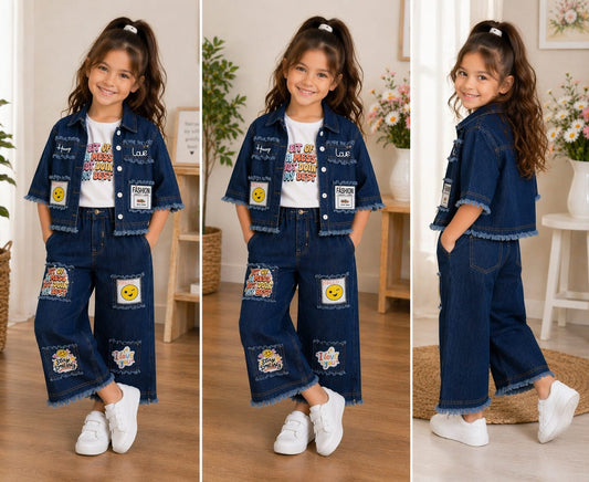 Soft Denim Jacket, Patch Detail Pants & Sleeveless T-Shirt Set