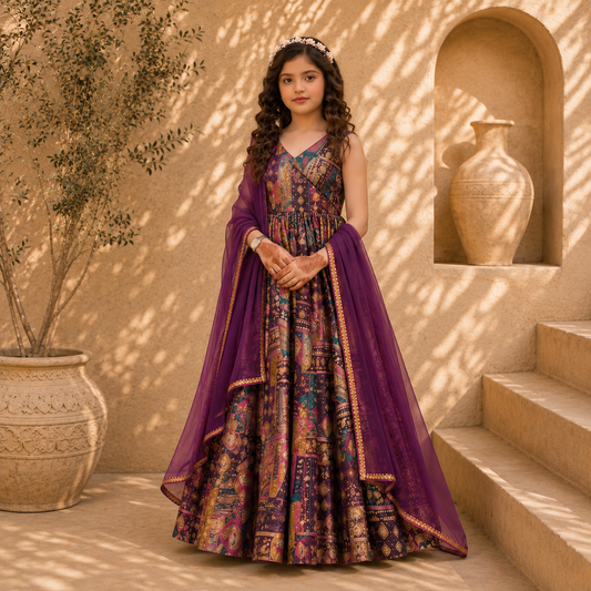 Premium Kids Silk Digital Printed Anarkali Gown with Organza Dupatta