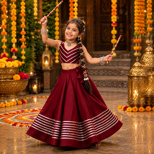 Maroon Roman Silk Girls Lehenga Choli with Fancy Lace Gota Border