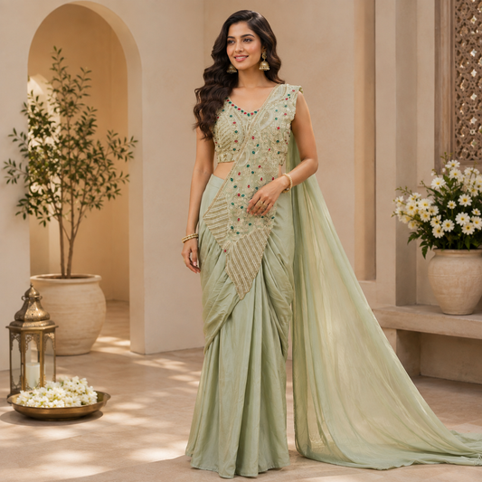 Designer Chinon Silk Saree with Embroidered Blouse – Premium Wedding Wear