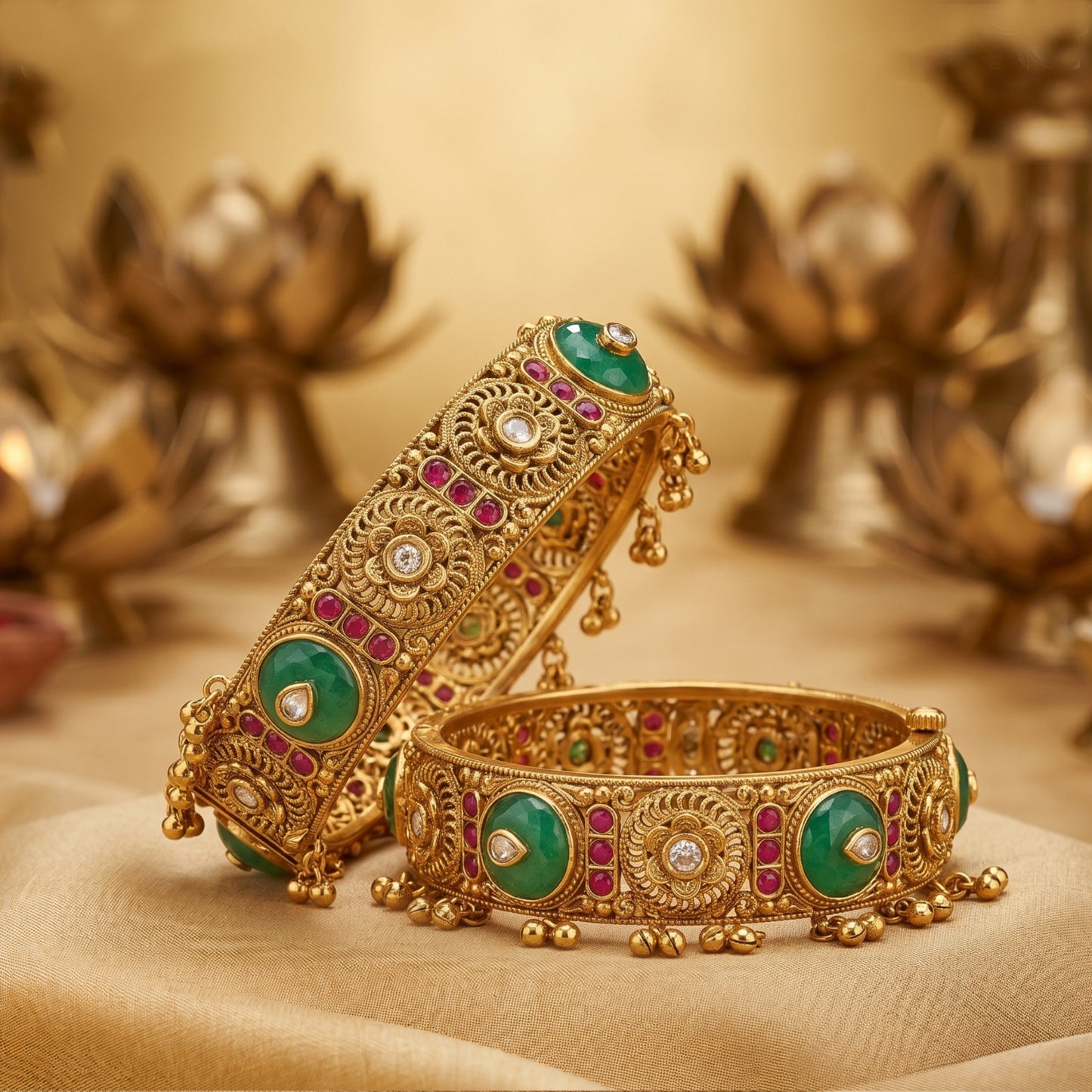 Regal Rajwadi Bangles with Green Stone & Kundan Work