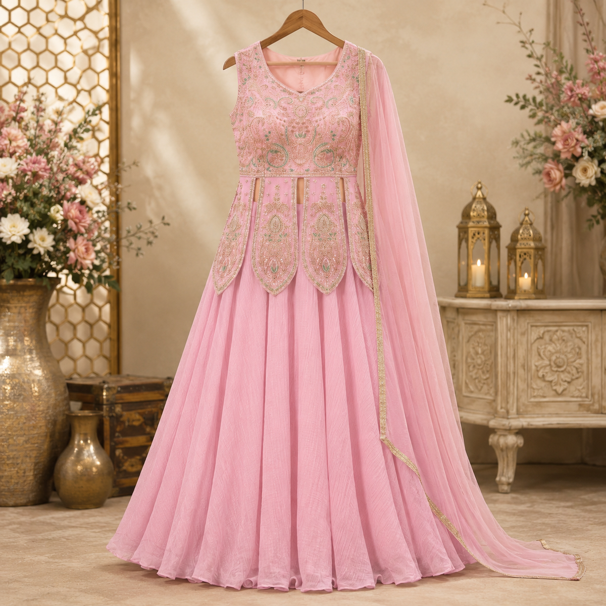 Elegant Embroidered Salsa Silk Anarkali 3 Piece Suit