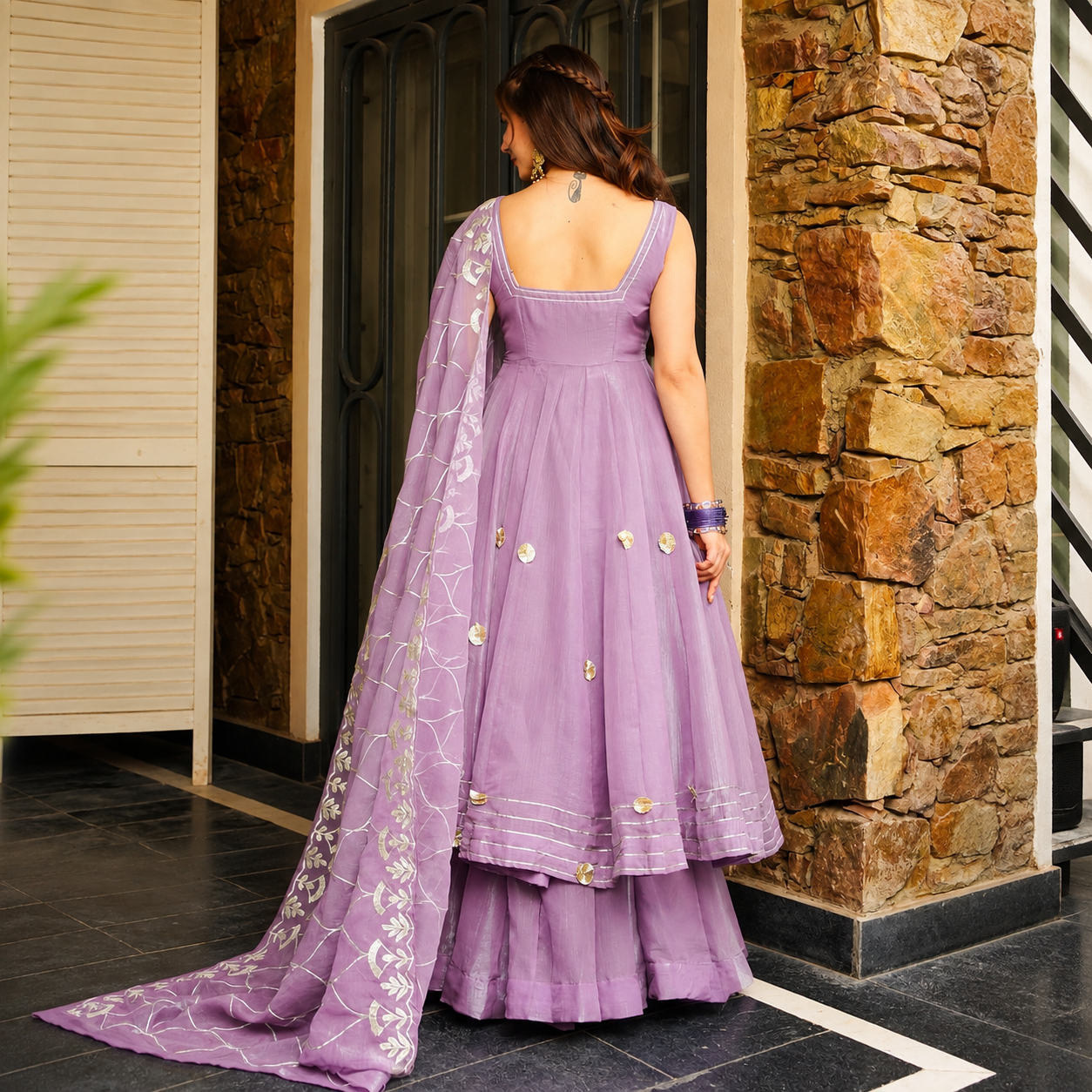 Elegant Lavender Soft Crunchy Chiffon Anarkali Suit Set with Hand Gotta Patti Work & Dupatta