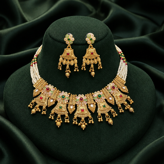 Rajwadi Moti Necklace Set with Matching Earrings | Traditional Pearl Jewellery