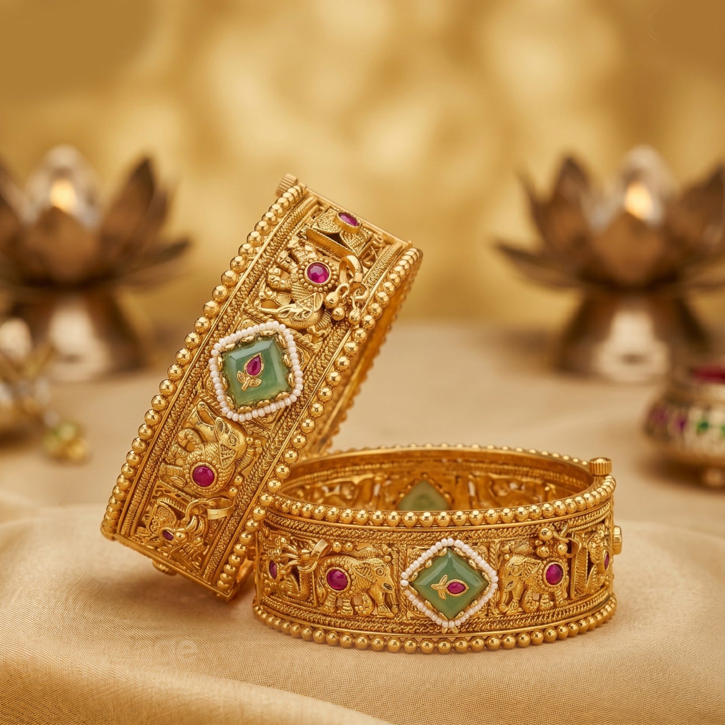 Premium Heritage Brass Patla Bangles for Women | Antique Gold Finish | Elephant Motif Temple Design