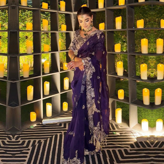 Designer Heavy Embroidery Rangoli Silk Saree With Stitched Blouse