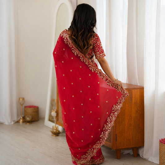 Premium Fendy Silk Embroidered Red Saree with Designer Blouse
