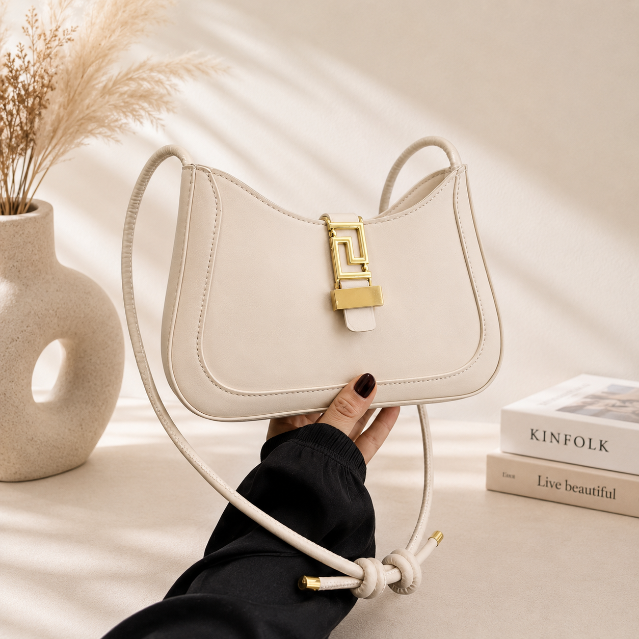 Women's Premium Ivory Shoulder Bag | Elegant Leather Crossbody Purse with Gold Lock