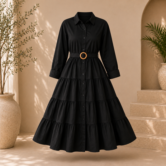Premium Cotton Tiered Shirt Midi Dress with Belt