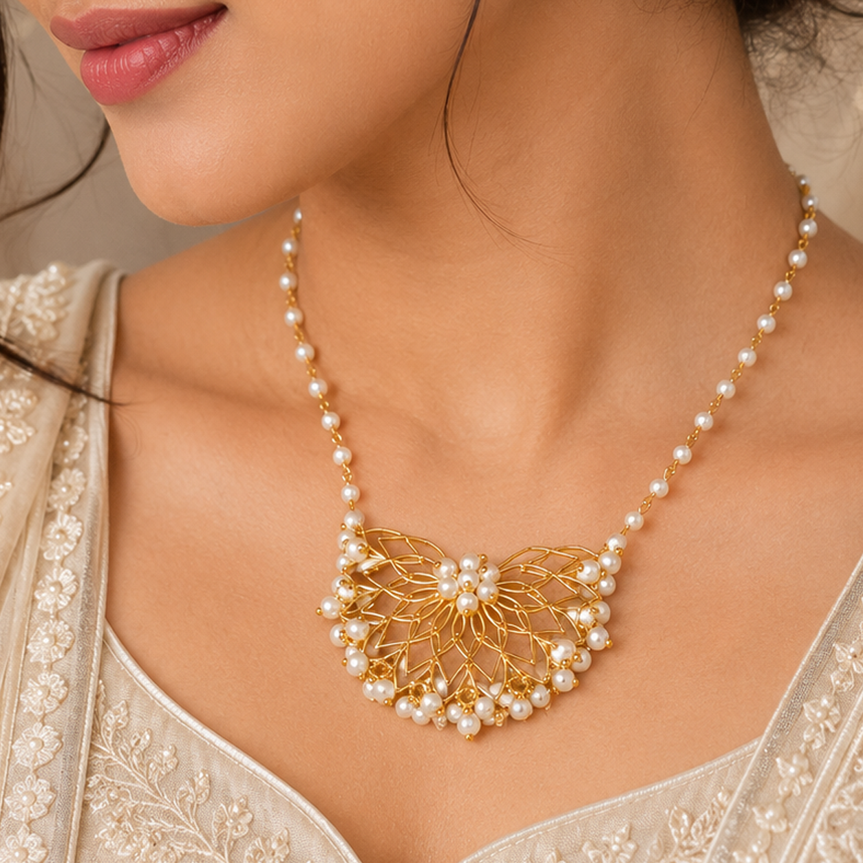 Luxury Pearl Floral Statement Necklace | Gold-Plated Ethnic Necklace | Festive & Wedding Jewellery