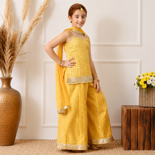 Pretty Mustard Yellow Ethnic Sharara Set with Dupatta – Festive Chanderi Outfit
