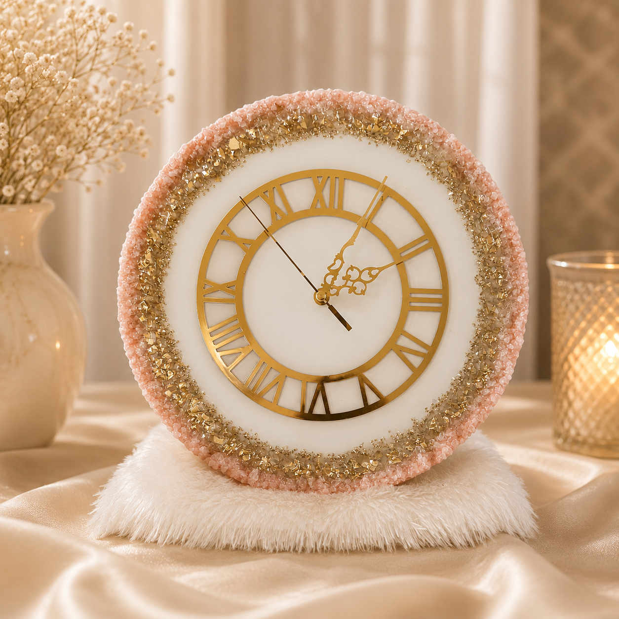 Luxury 3D Resin Clock – Handmade Pink & Gold Epoxy Table Clock | Modern Home Décor