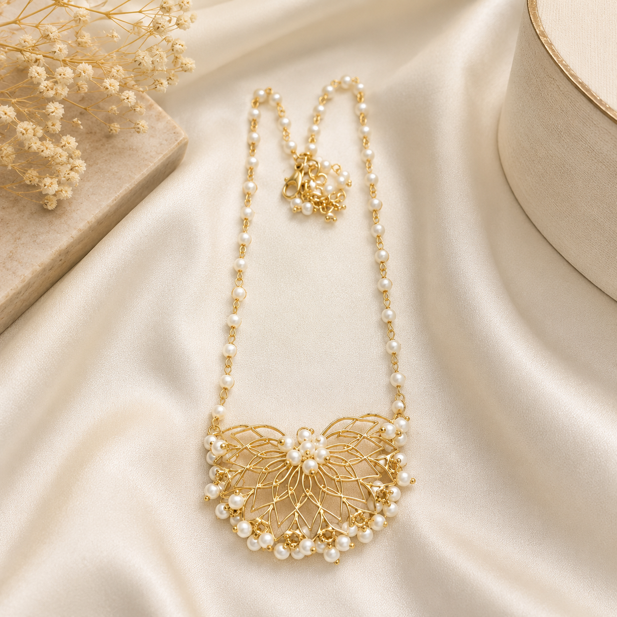 Luxury Pearl Floral Statement Necklace | Gold-Plated Ethnic Necklace | Festive & Wedding Jewellery