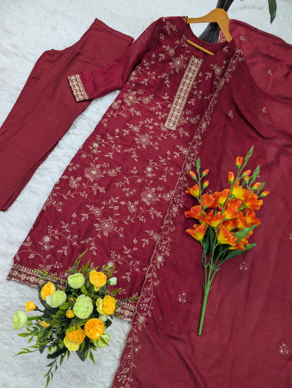 Premium Pure Vichitra Silk Kurta Set with Embroidered Dupatta | Sequence Work