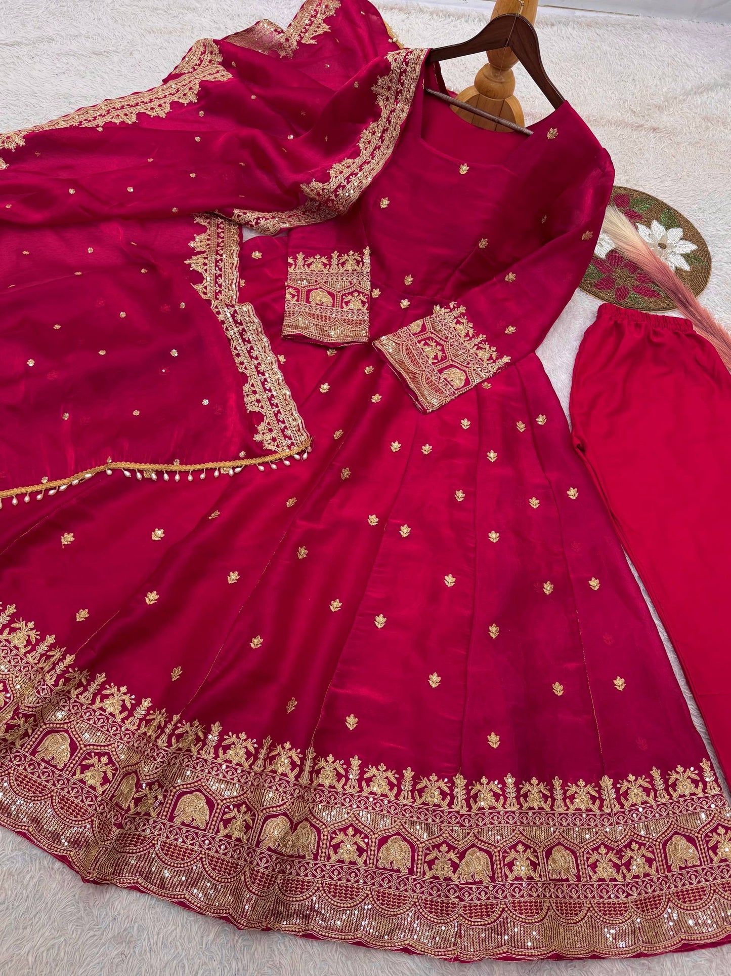 Premium Organza Silk Embroidered Anarkali Suit Set | Heavy Zari & Sequin Work | Party Wear Gown with Dupatta & Pant