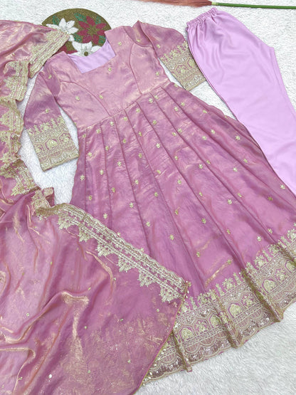 Premium Organza Silk Embroidered Anarkali Suit Set | Heavy Zari & Sequin Work | Party Wear Gown with Dupatta & Pant