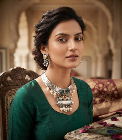 Vintage Oxidised Peacock Choker Necklace Set with Earrings