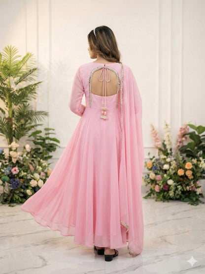 Women's Premium Fox Georgette Party Wear Gown Set with Dupatta & Pant | Sabyasachi Neck | 9mm Sequin Embroidery