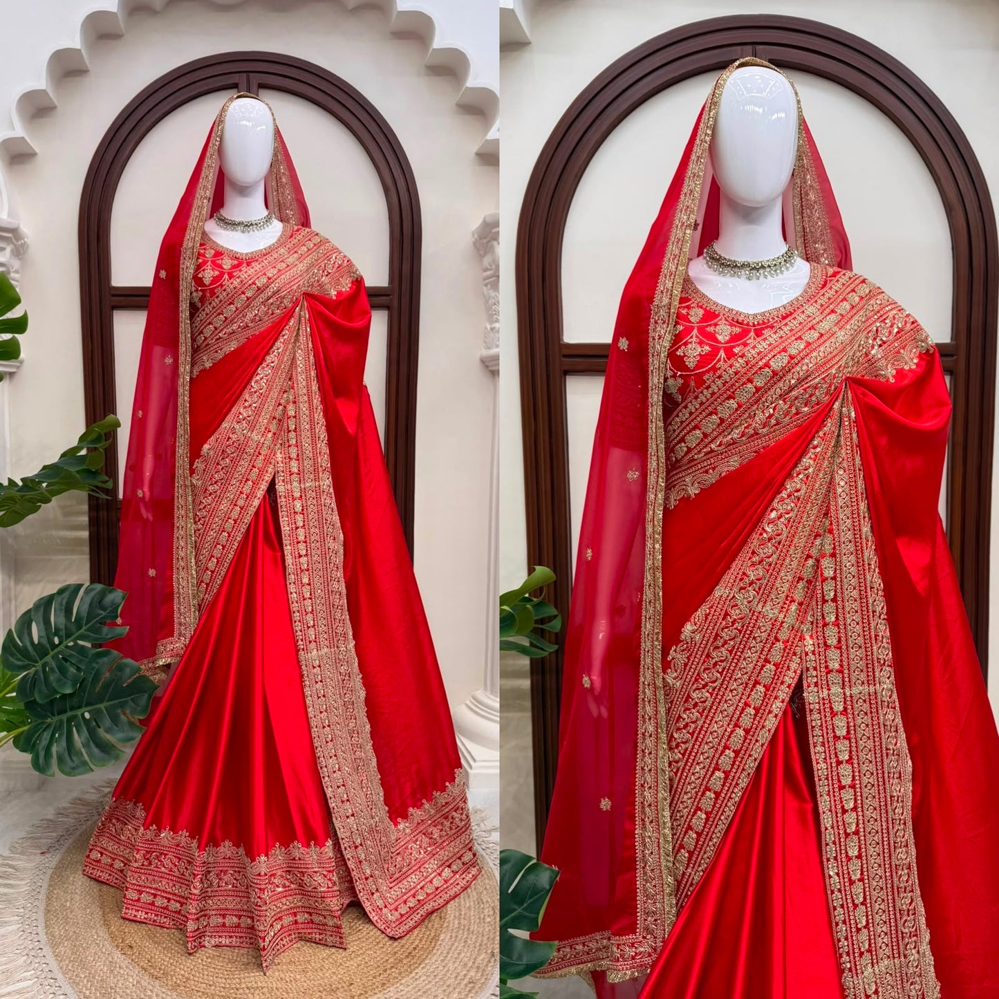 Premium Designer Satin Saree with Embroidered Blouse & Tabby Silk Dupatta
