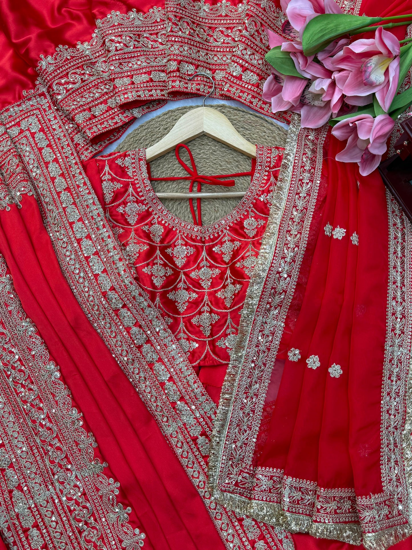 Premium Designer Satin Saree with Embroidered Blouse & Tabby Silk Dupatta