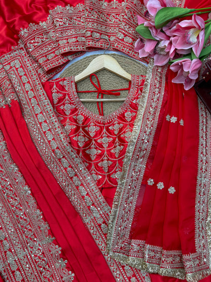 Premium Designer Satin Saree with Embroidered Blouse & Tabby Silk Dupatta